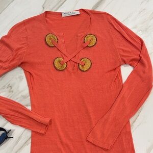Trina Turk coral silk cashmere blend Orange Long Sleeve Top with Gold Details